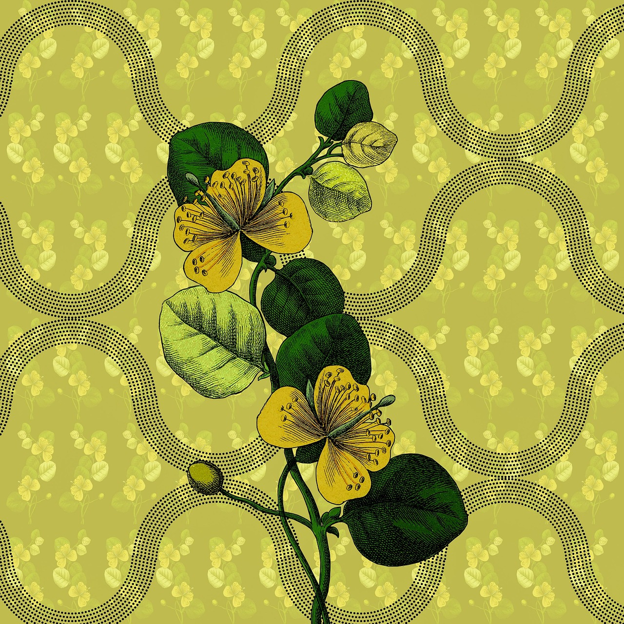 Botanische print op kussen naast groene plant. Botanische print op kussen naast groene plant.